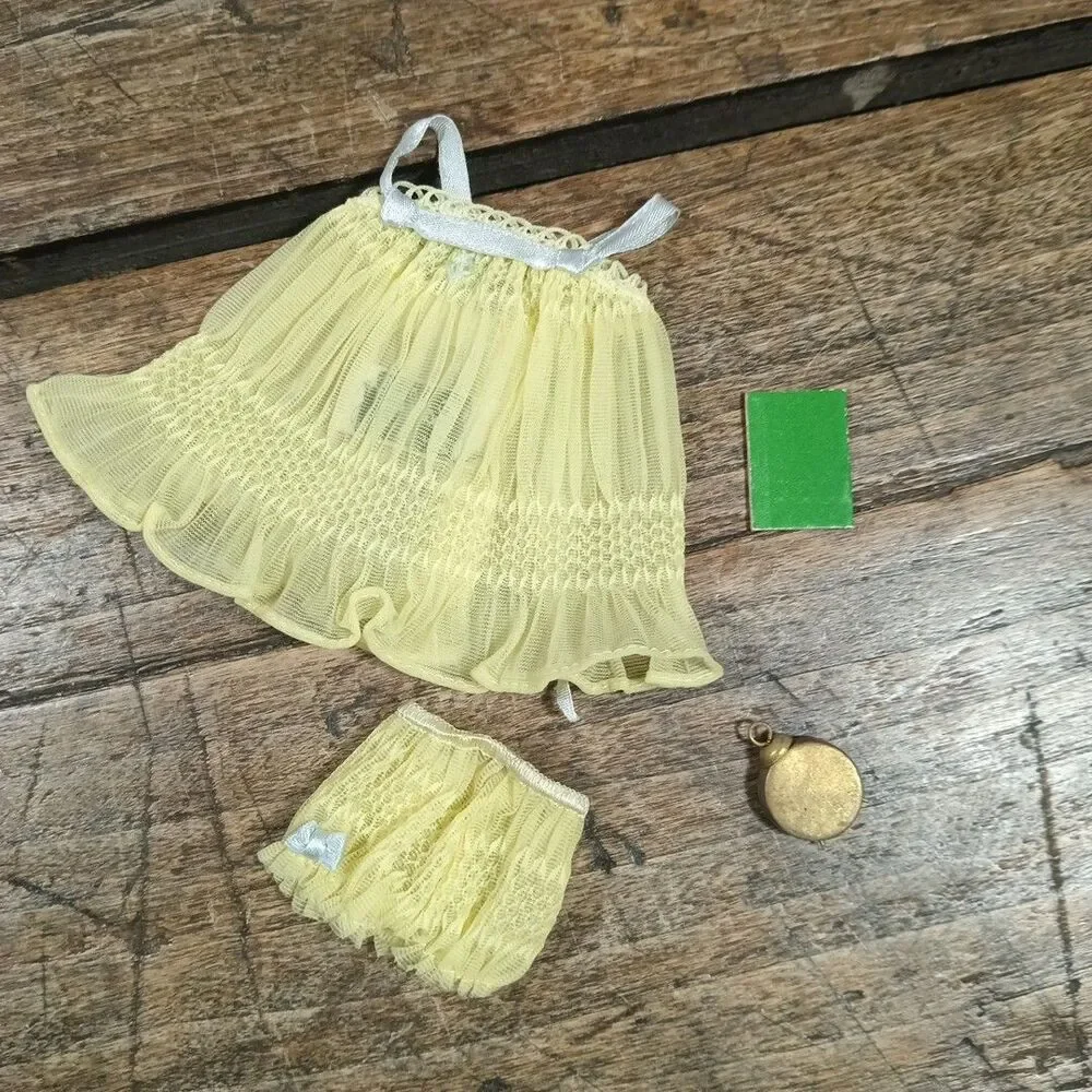 Vintage Barbie Mattel Doll Clothes 1960's Pajamas Set Yellow Shorts Top Clock